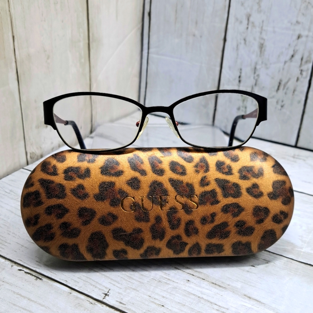 Guess Y2K Eyeglasses Rx Full-Rim Metal Oval Two Tone Frames Leopard Print Case